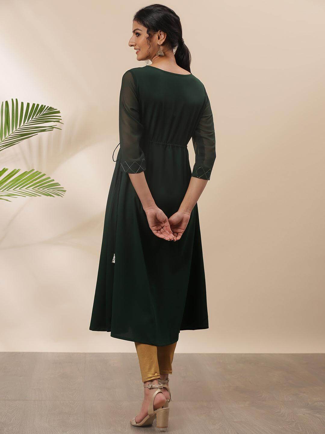 Green Poly Crepe Floral Print Flared Kurta