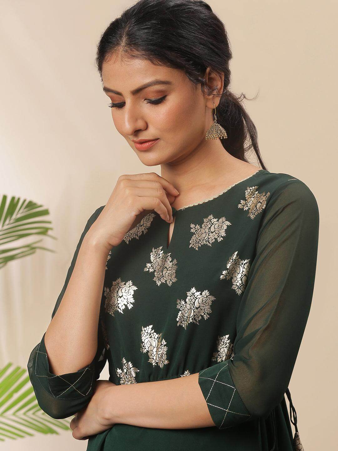 Green Poly Crepe Floral Print Flared Kurta