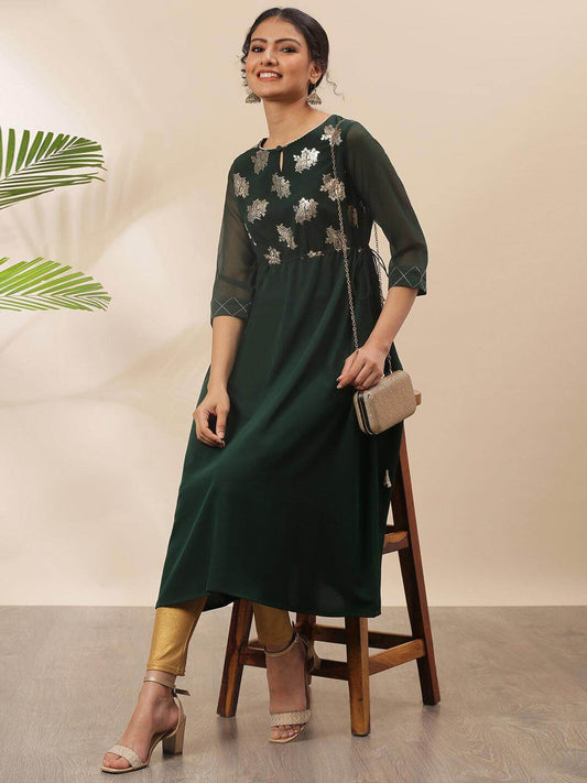 Green Poly Crepe Floral Print Flared Kurta