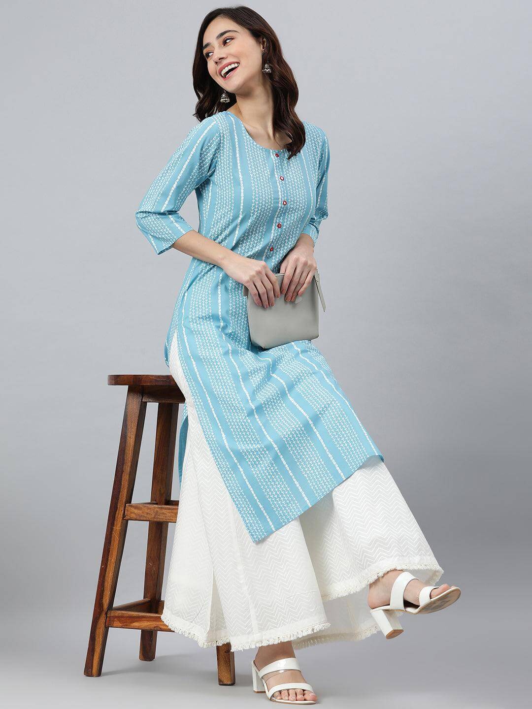 Blue Cotton Striped Straight Kurta