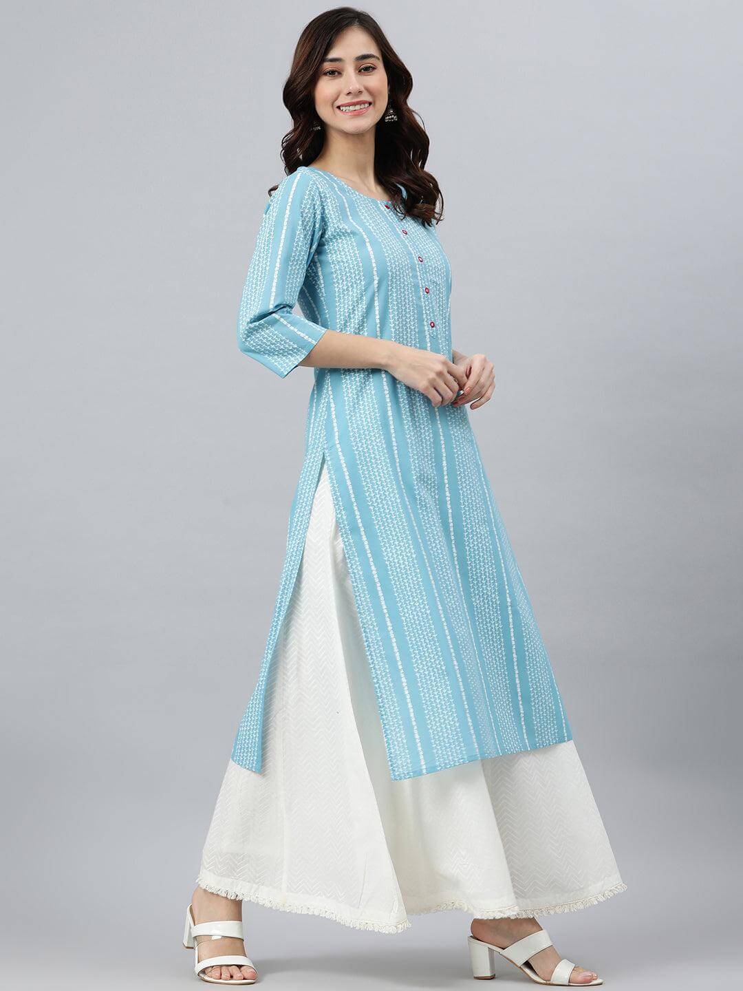 Blue Cotton Striped Straight Kurta
