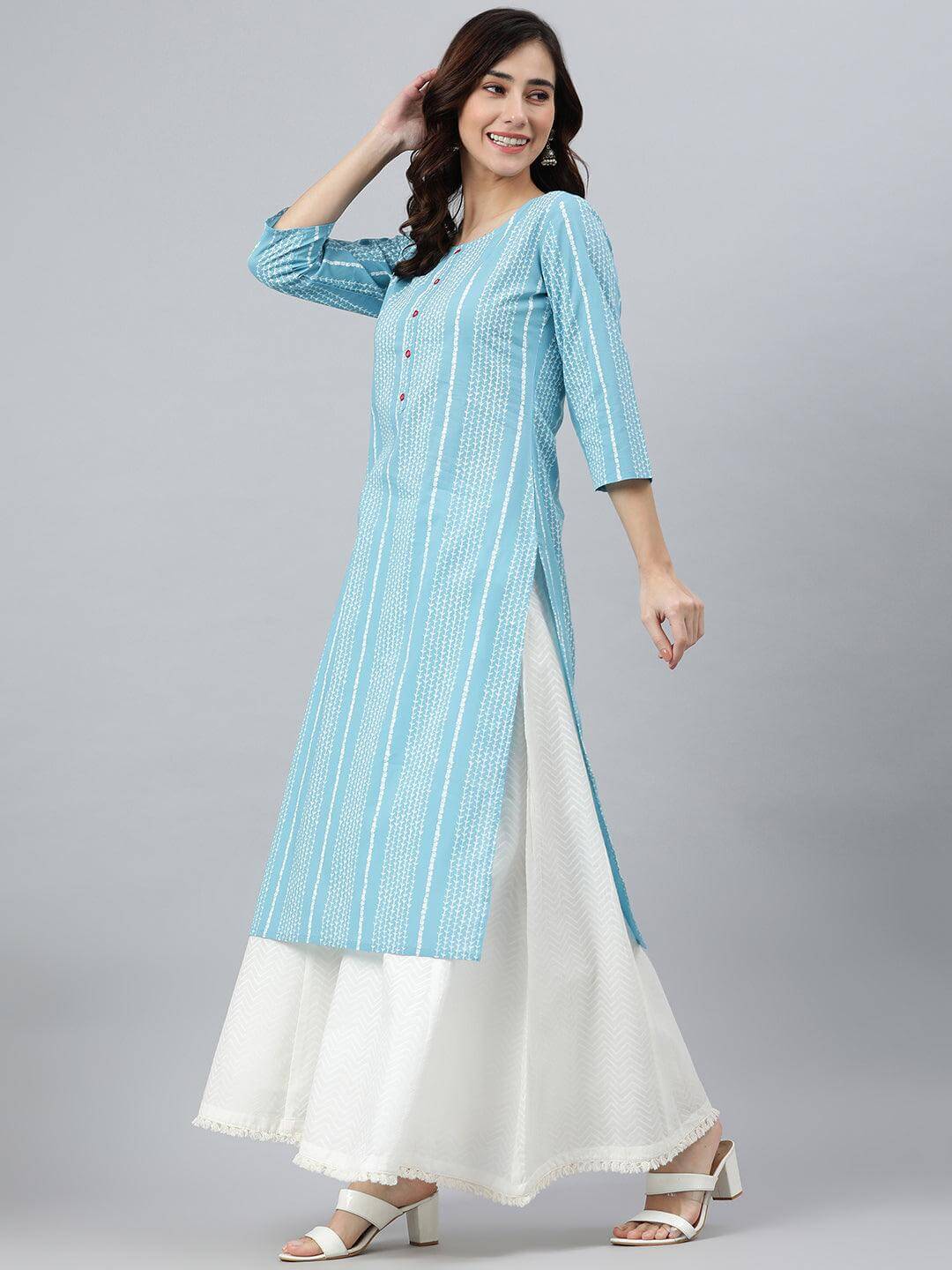 Blue Cotton Striped Straight Kurta