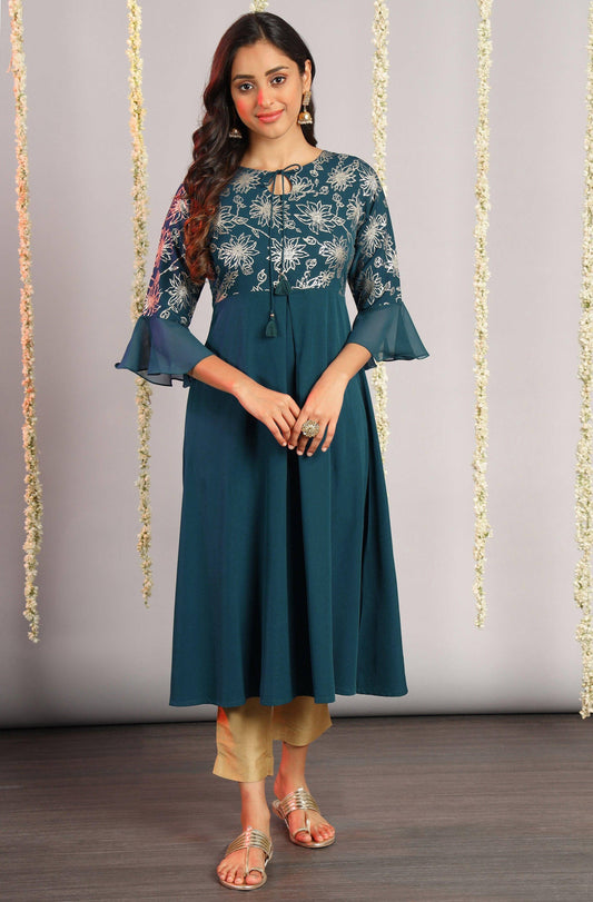 Teal Poly Crepe Floral Print A-line Kurta