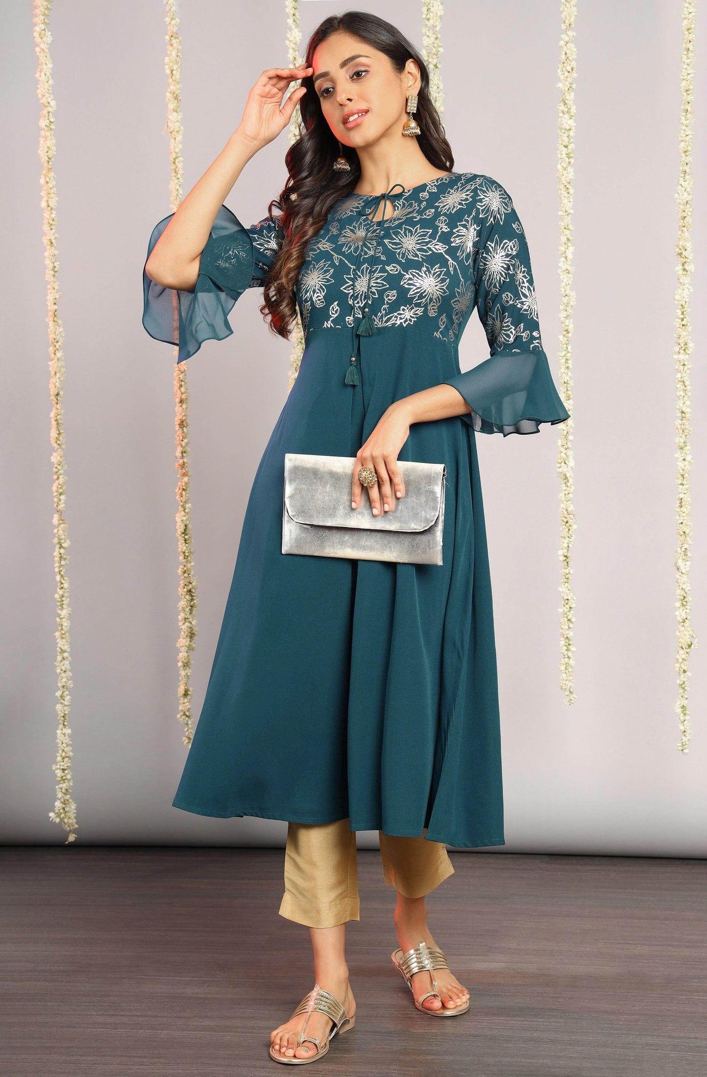 Teal Poly Crepe Floral Print A-line Kurta