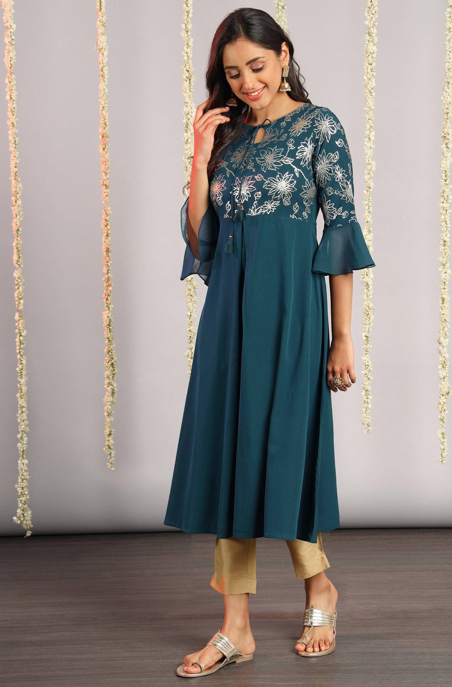 Teal Poly Crepe Floral Print A-line Kurta