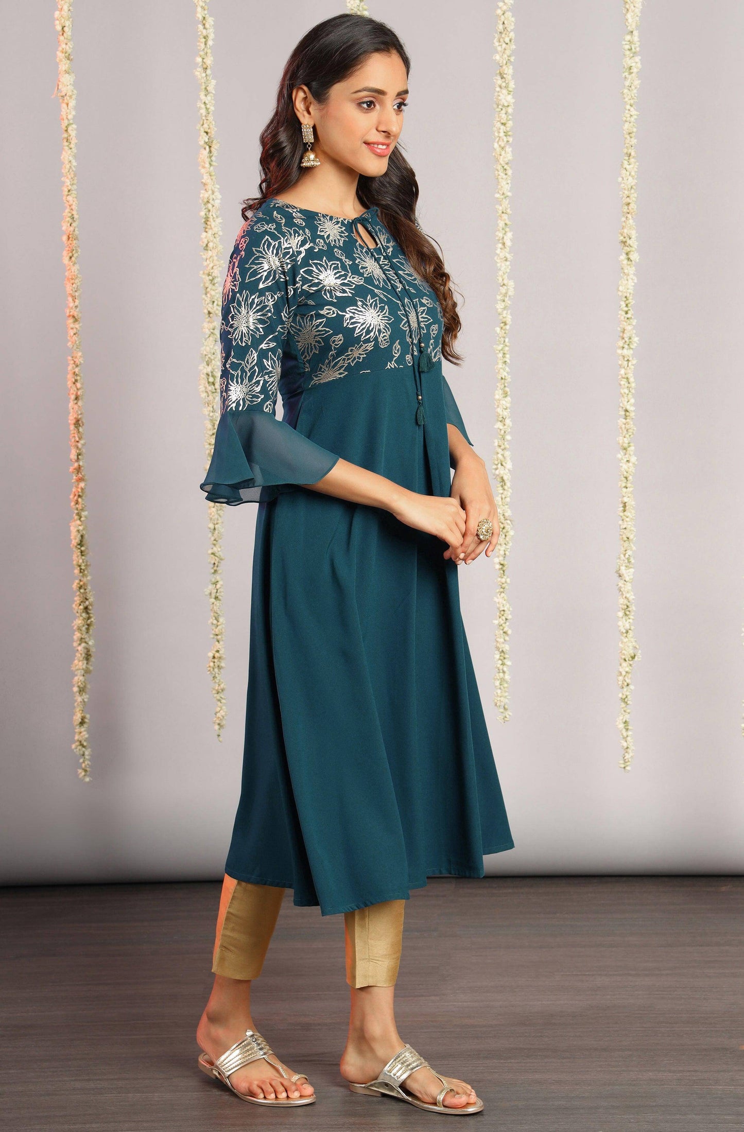 Teal Poly Crepe Floral Print A-line Kurta