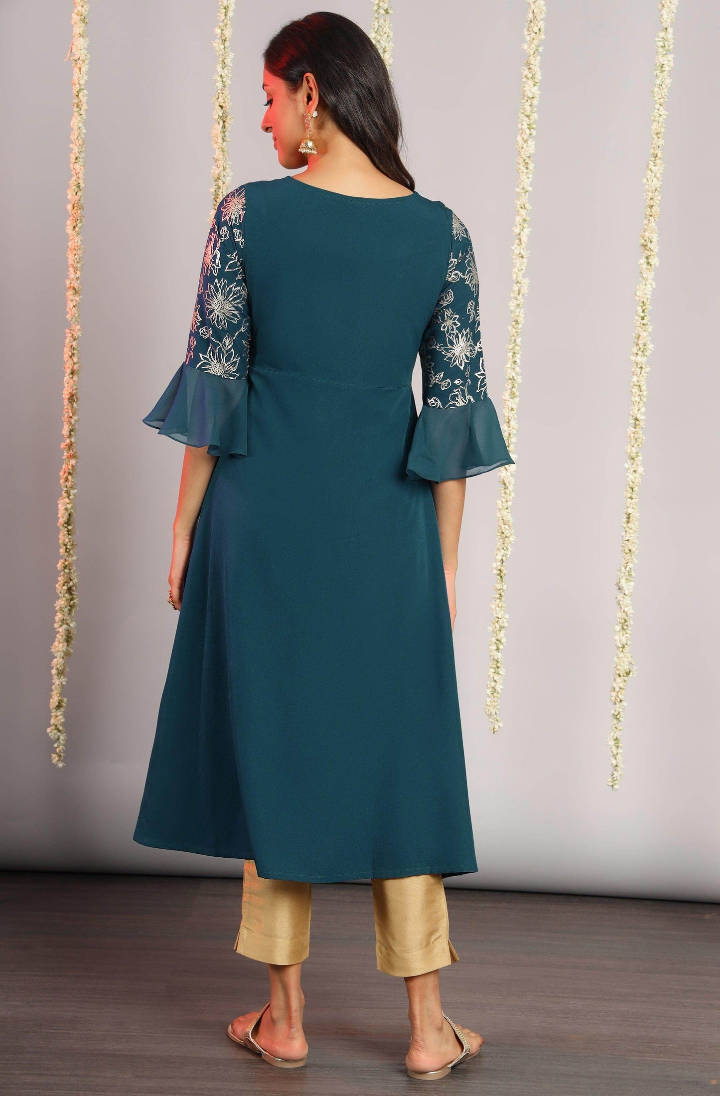 Teal Poly Crepe Floral Print A-line Kurta
