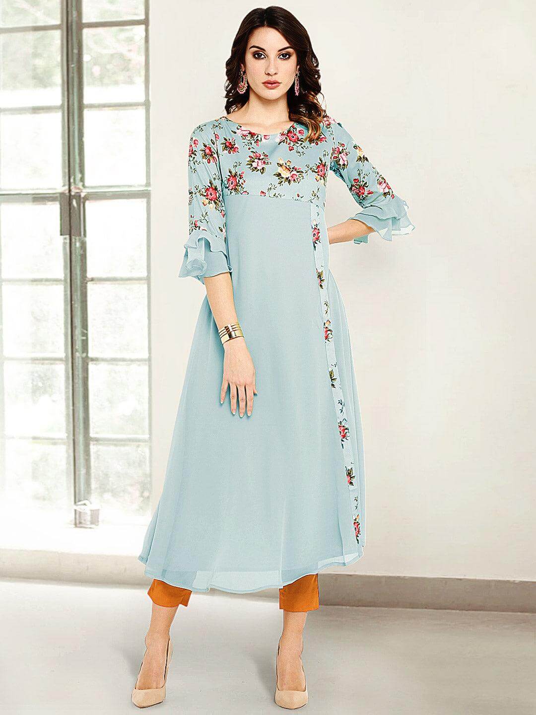 Blue Poly Crepe Floral Print A-line Kurta