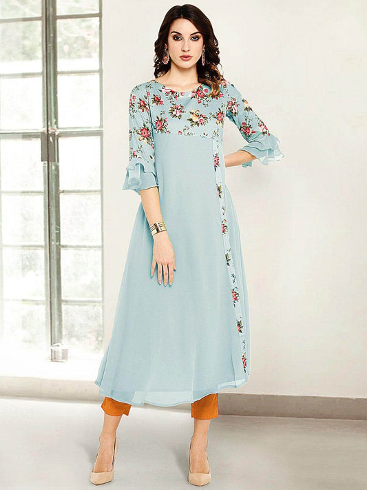Blue Poly Crepe Floral Print A-line Kurta