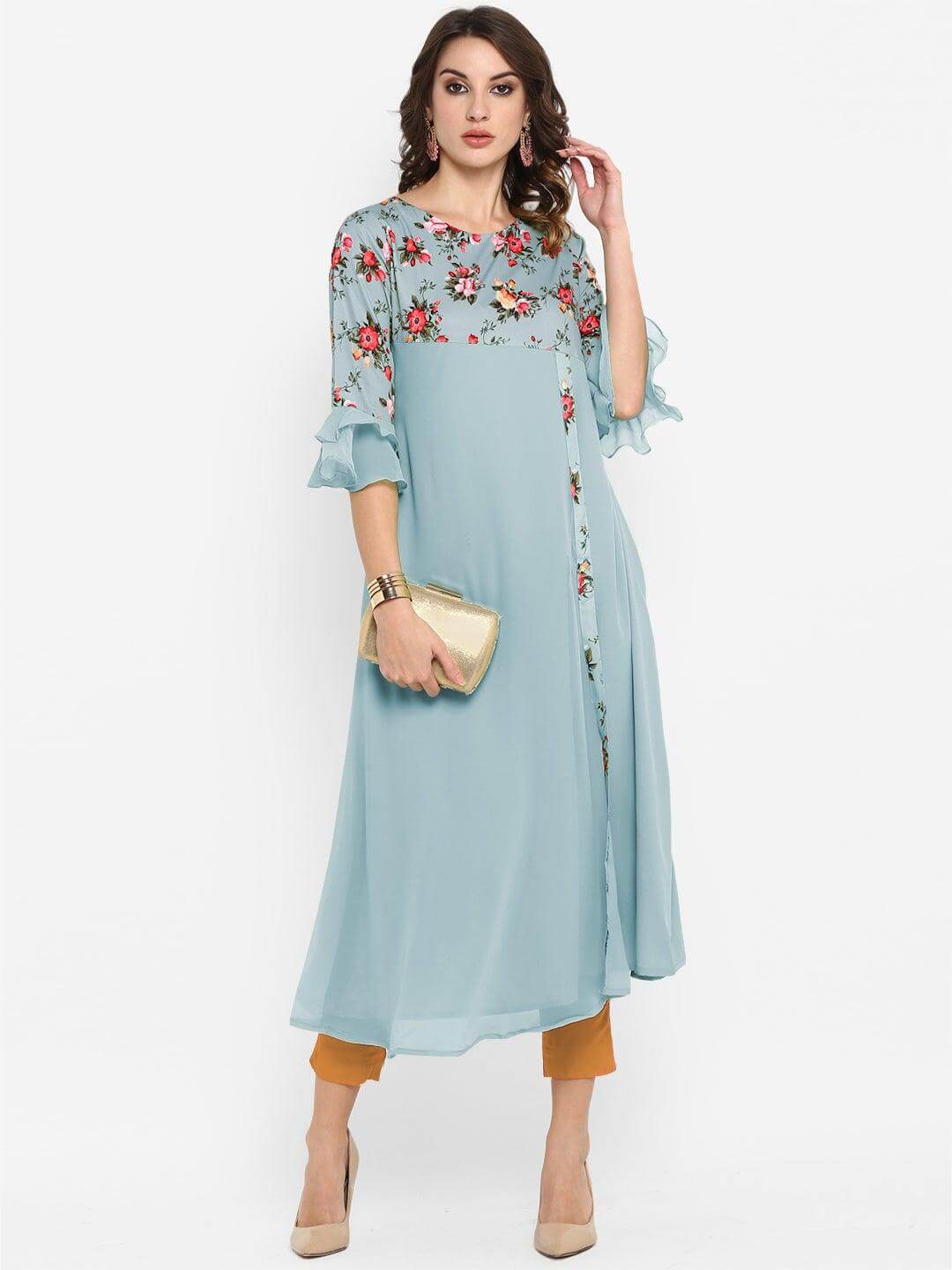 Blue Poly Crepe Floral Print A-line Kurta