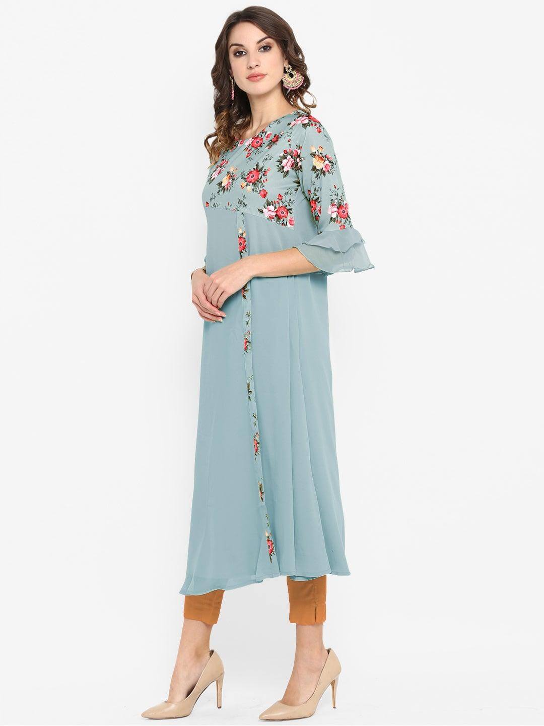 Blue Poly Crepe Floral Print A-line Kurta