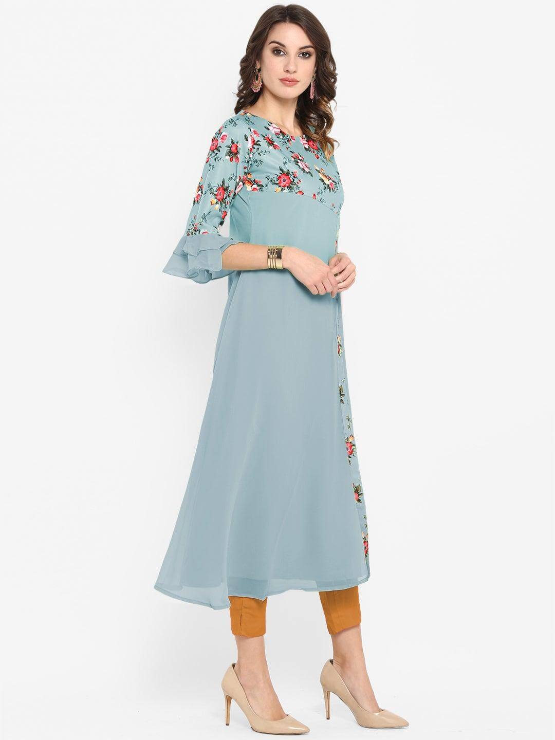 Blue Poly Crepe Floral Print A-line Kurta