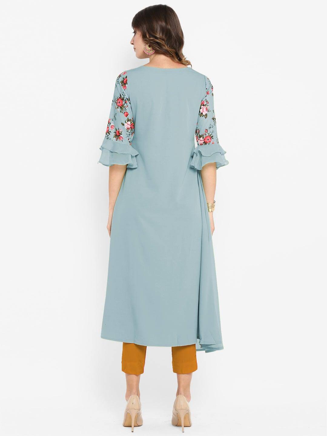 Blue Poly Crepe Floral Print A-line Kurta