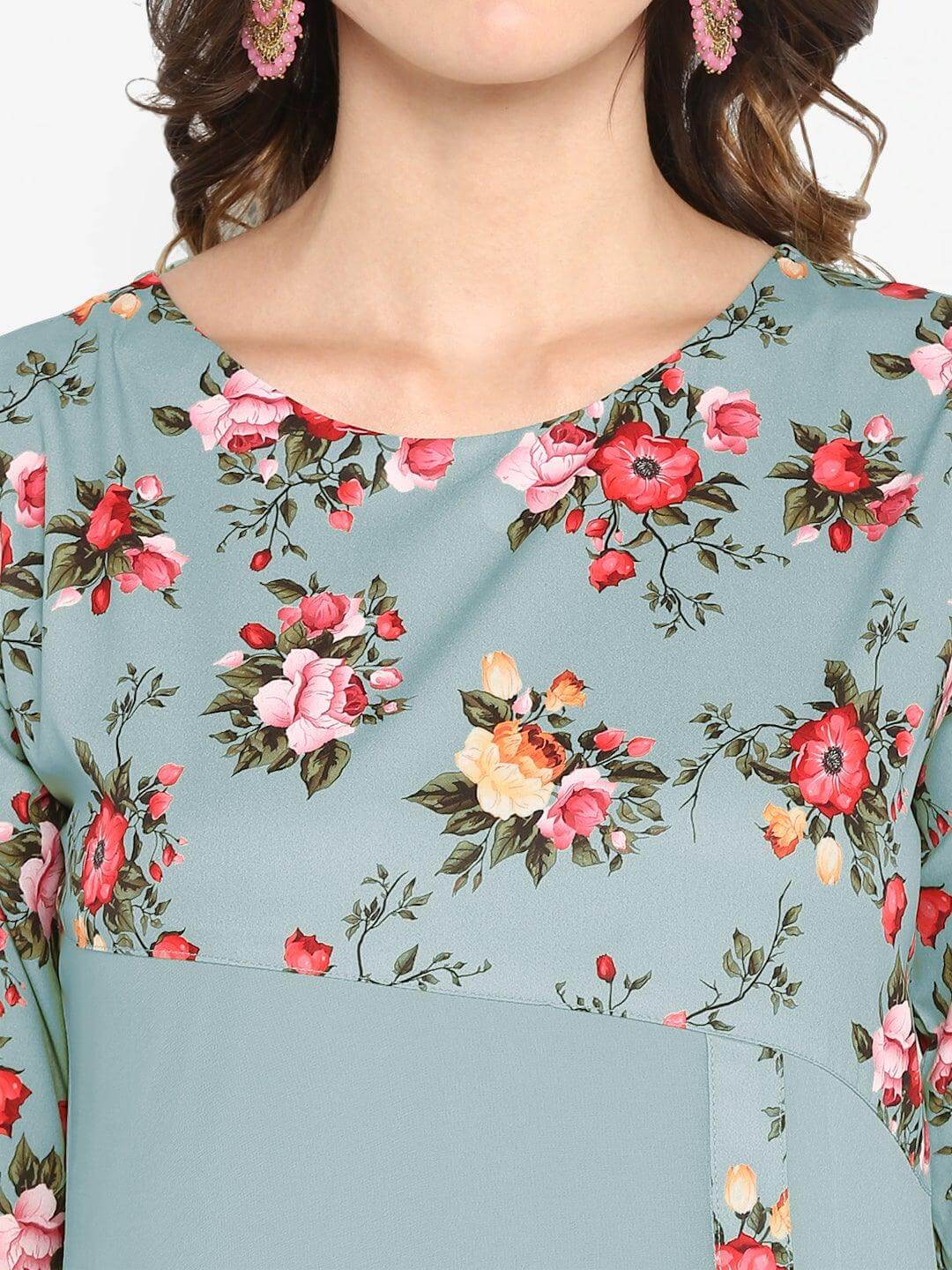 Blue Poly Crepe Floral Print A-line Kurta