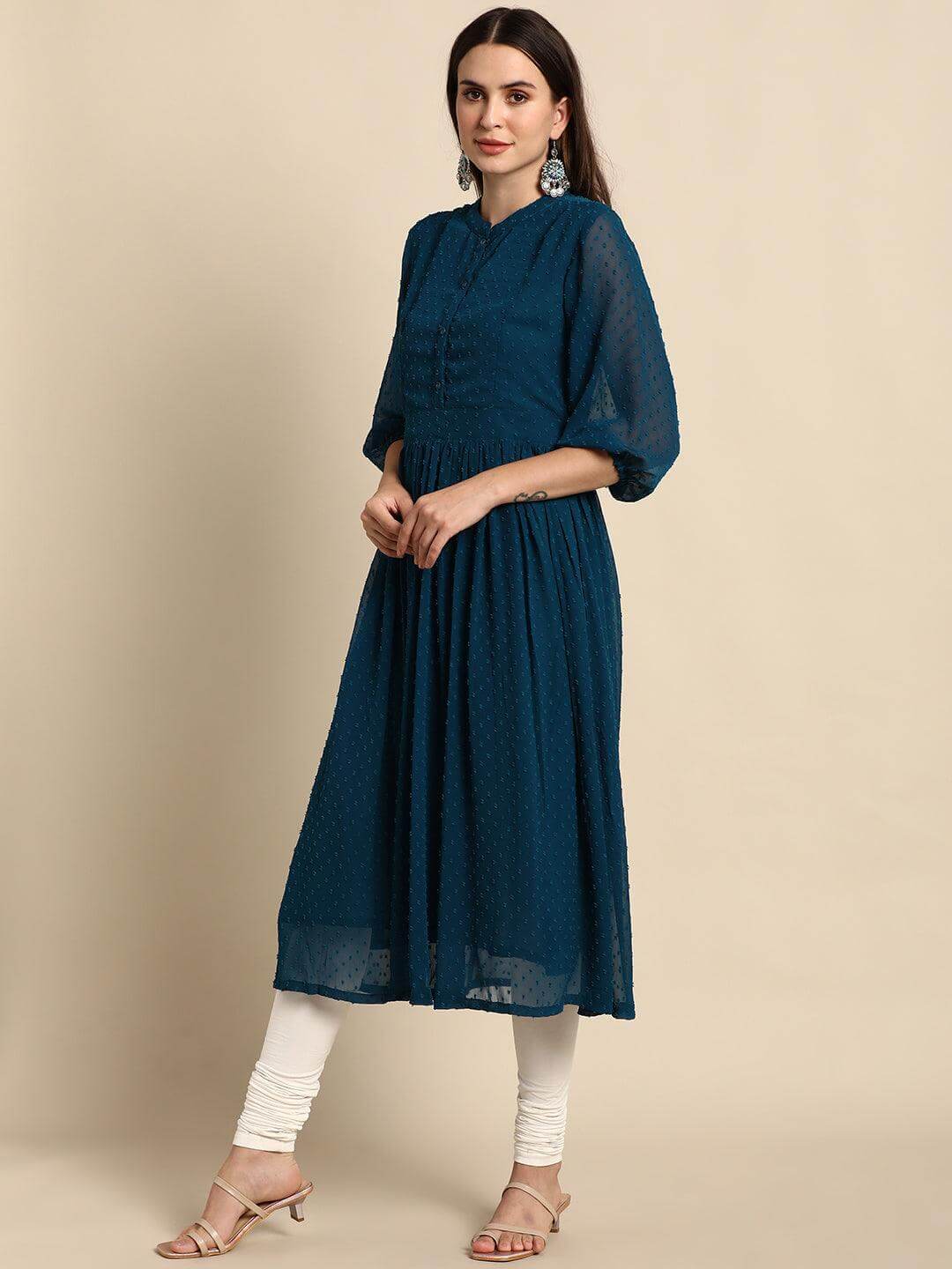 Teal Poly Chiffon Self Design Flared Kurta