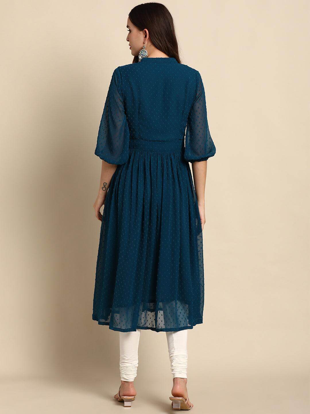 Teal Poly Chiffon Self Design Flared Kurta