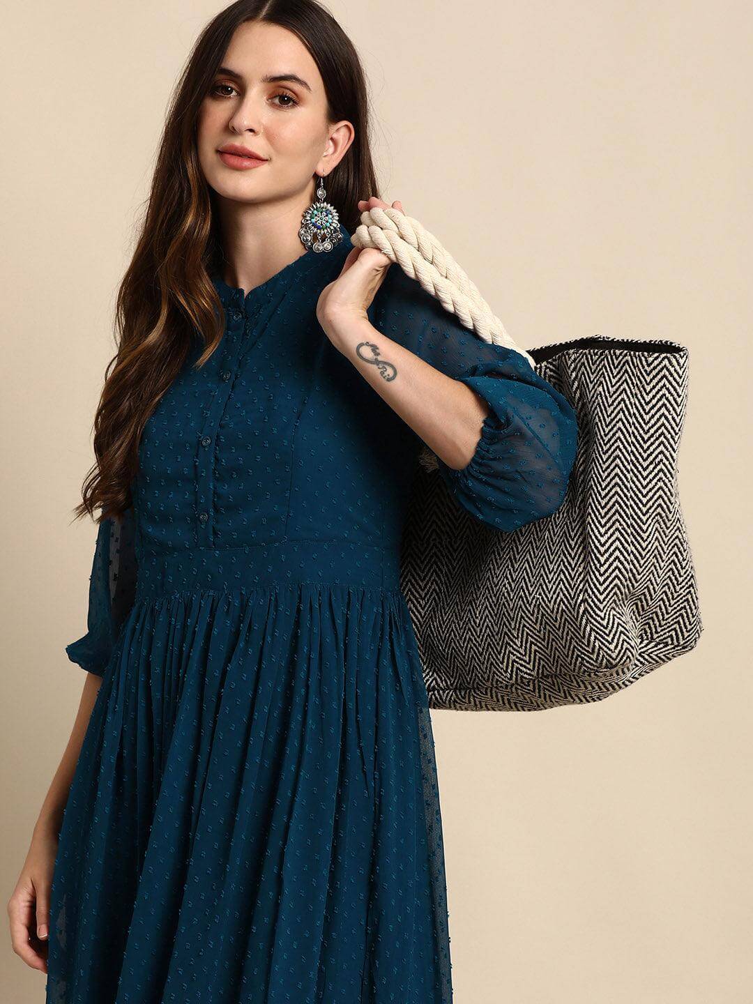 Teal Poly Chiffon Self Design Flared Kurta