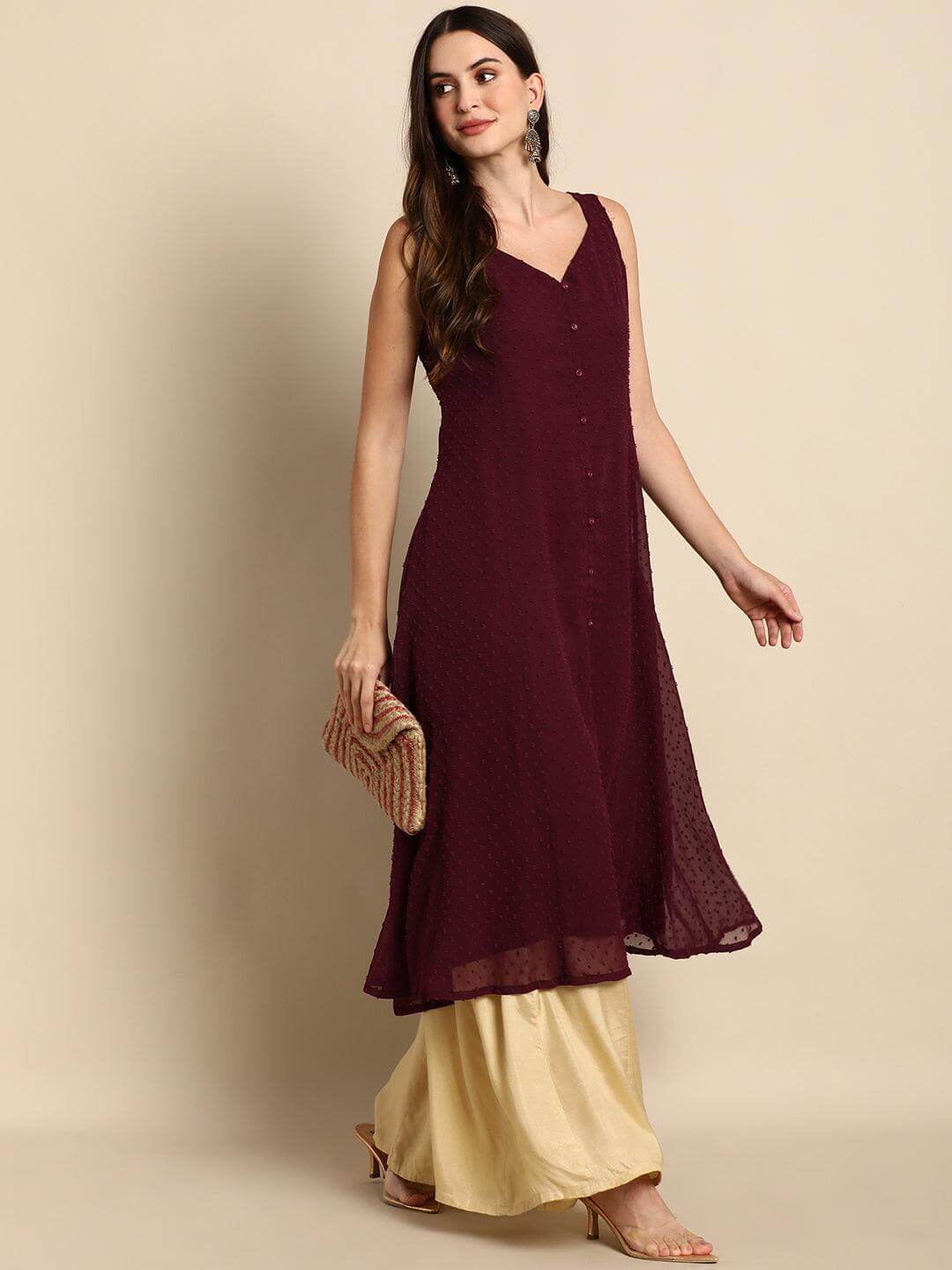 Wine Poly Chiffon Self Design Frontslit Kurta