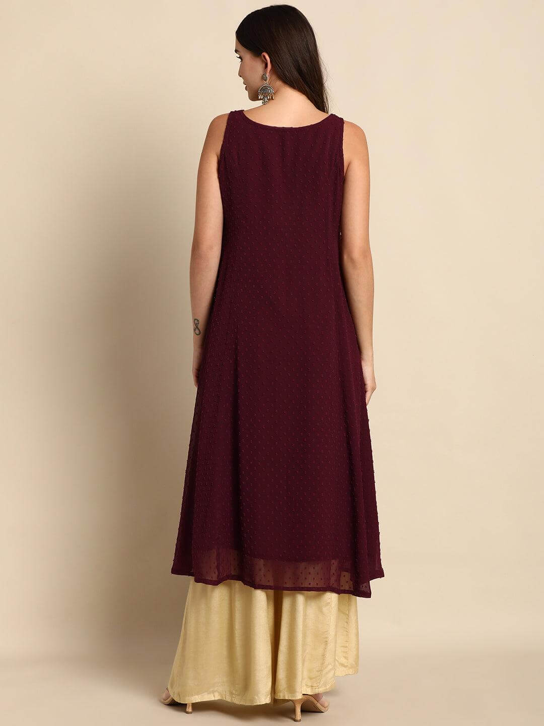 Wine Poly Chiffon Self Design Frontslit Kurta