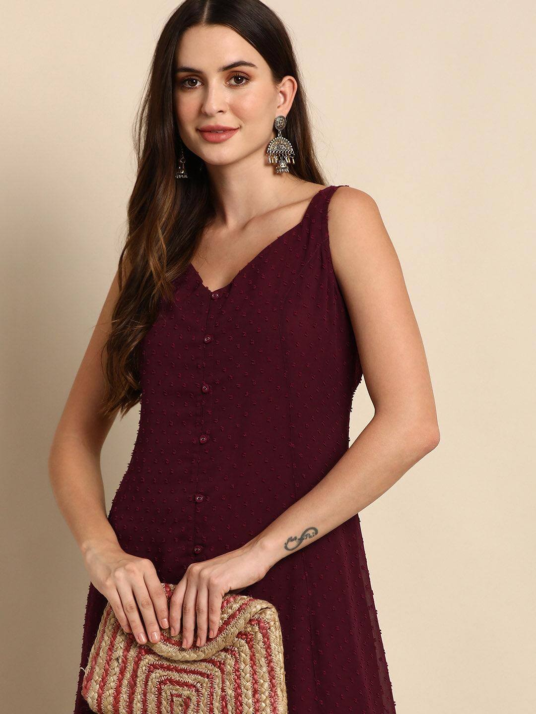 Wine Poly Chiffon Self Design Frontslit Kurta