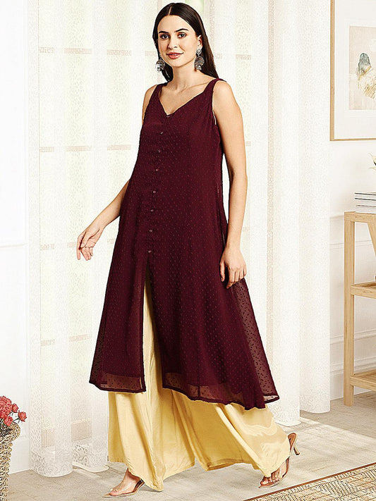 Wine Poly Chiffon Self Design Frontslit Kurta