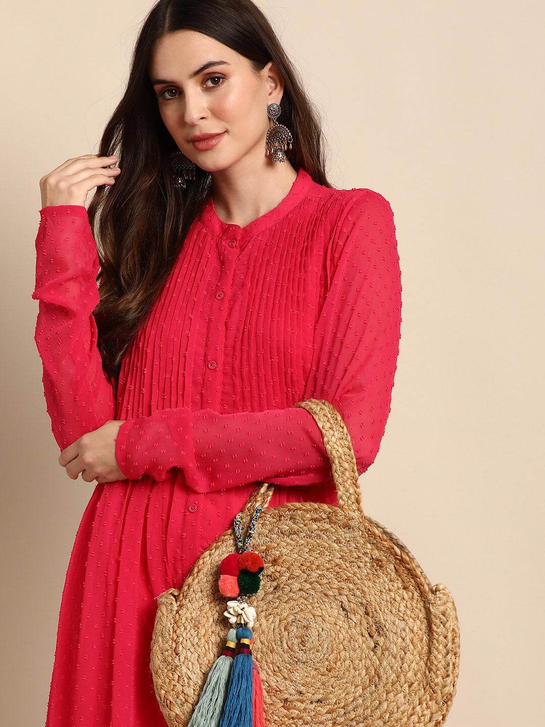 Pink Poly Chiffon Self Design Frontslit Kurta