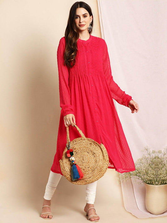 Pink Poly Chiffon Self Design Frontslit Kurta