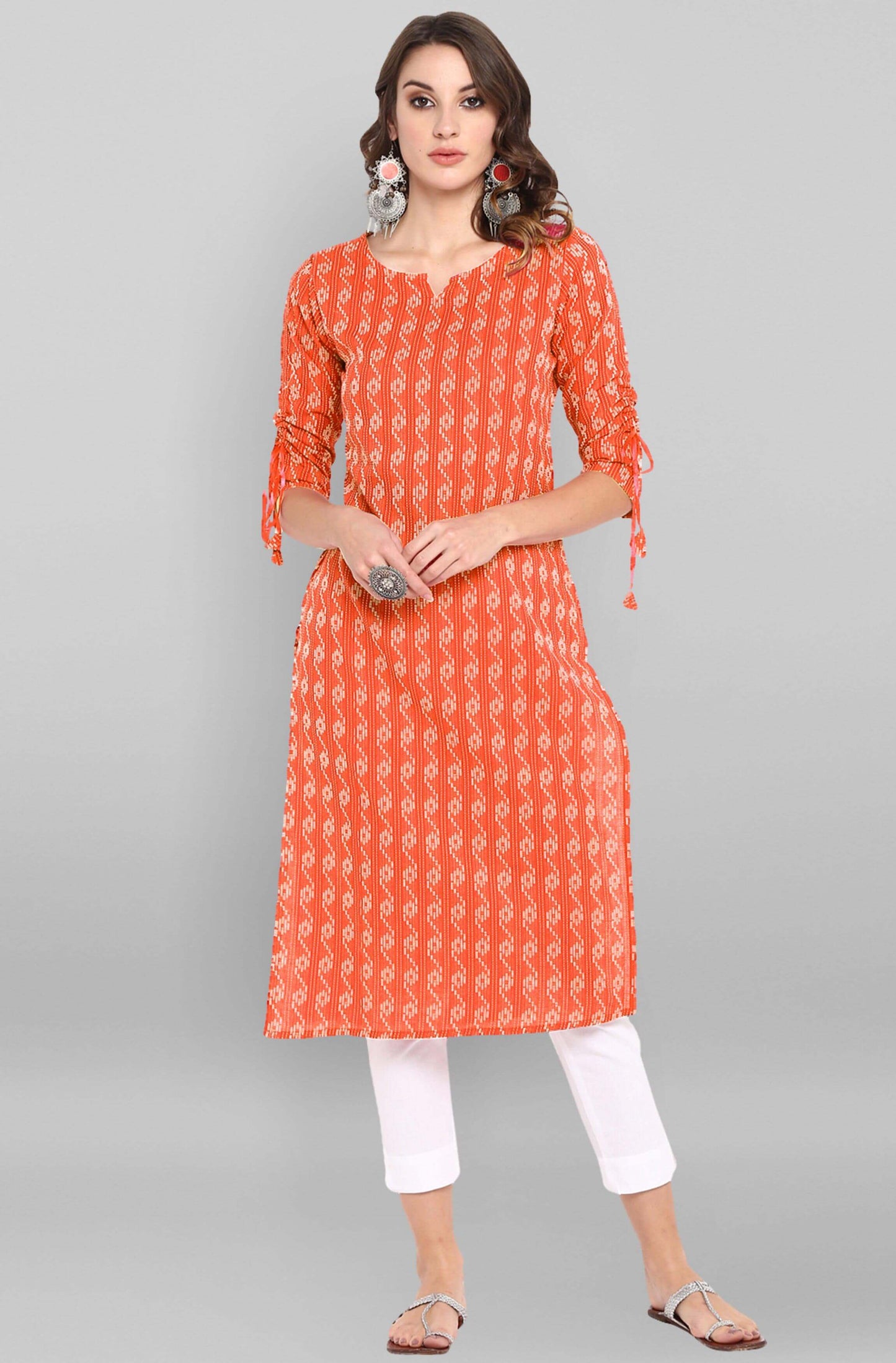 Orange Cotton Woven Design Straight Kurta