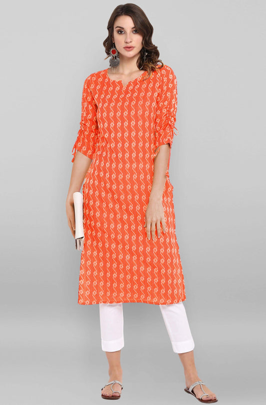 Orange Cotton Woven Design Straight Kurta