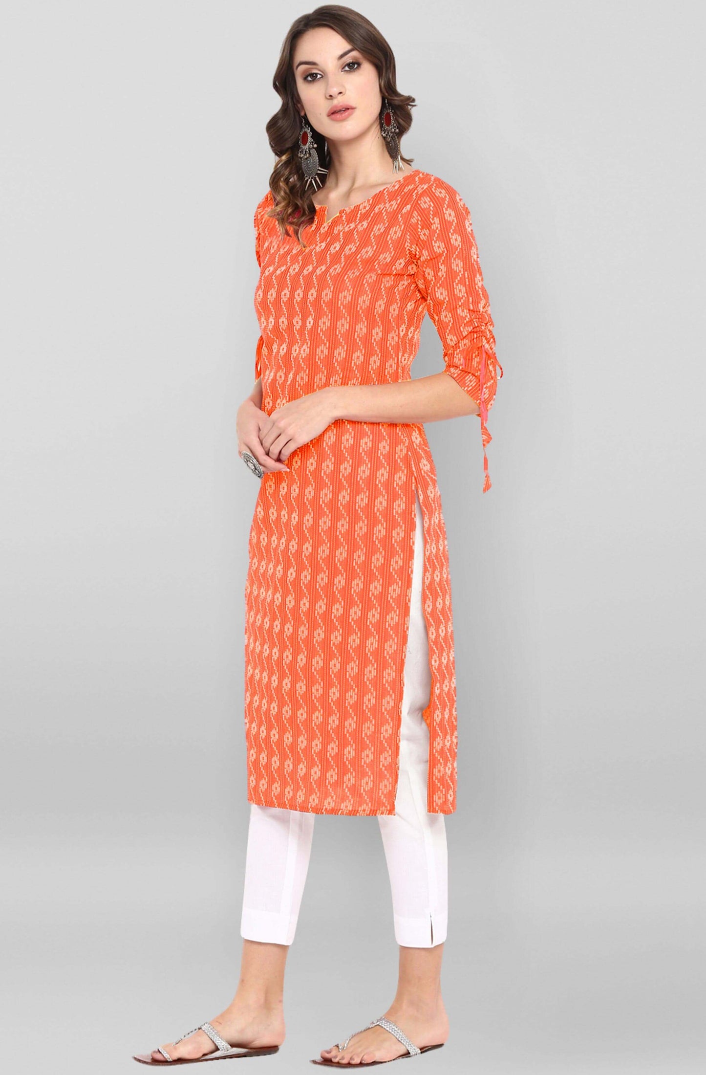 Orange Cotton Woven Design Straight Kurta