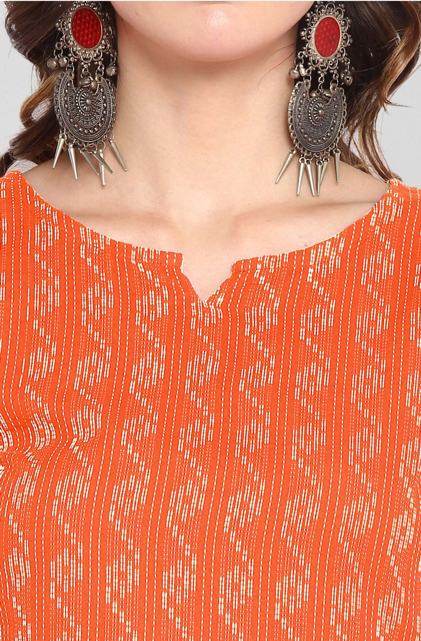Orange Cotton Woven Design Straight Kurta