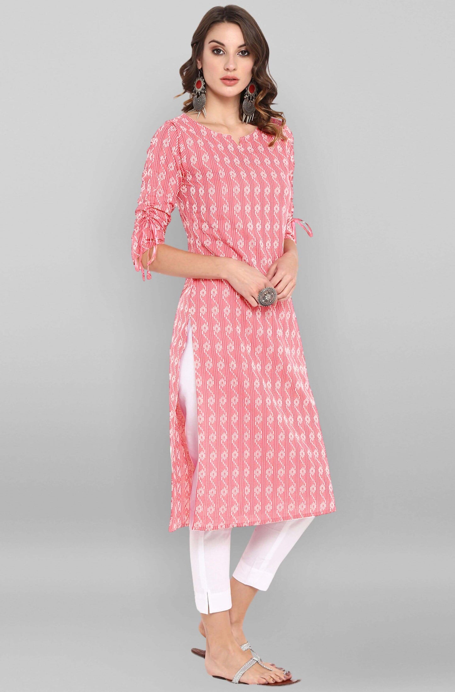 Light Pink Cotton Woven Design Straight Kurta