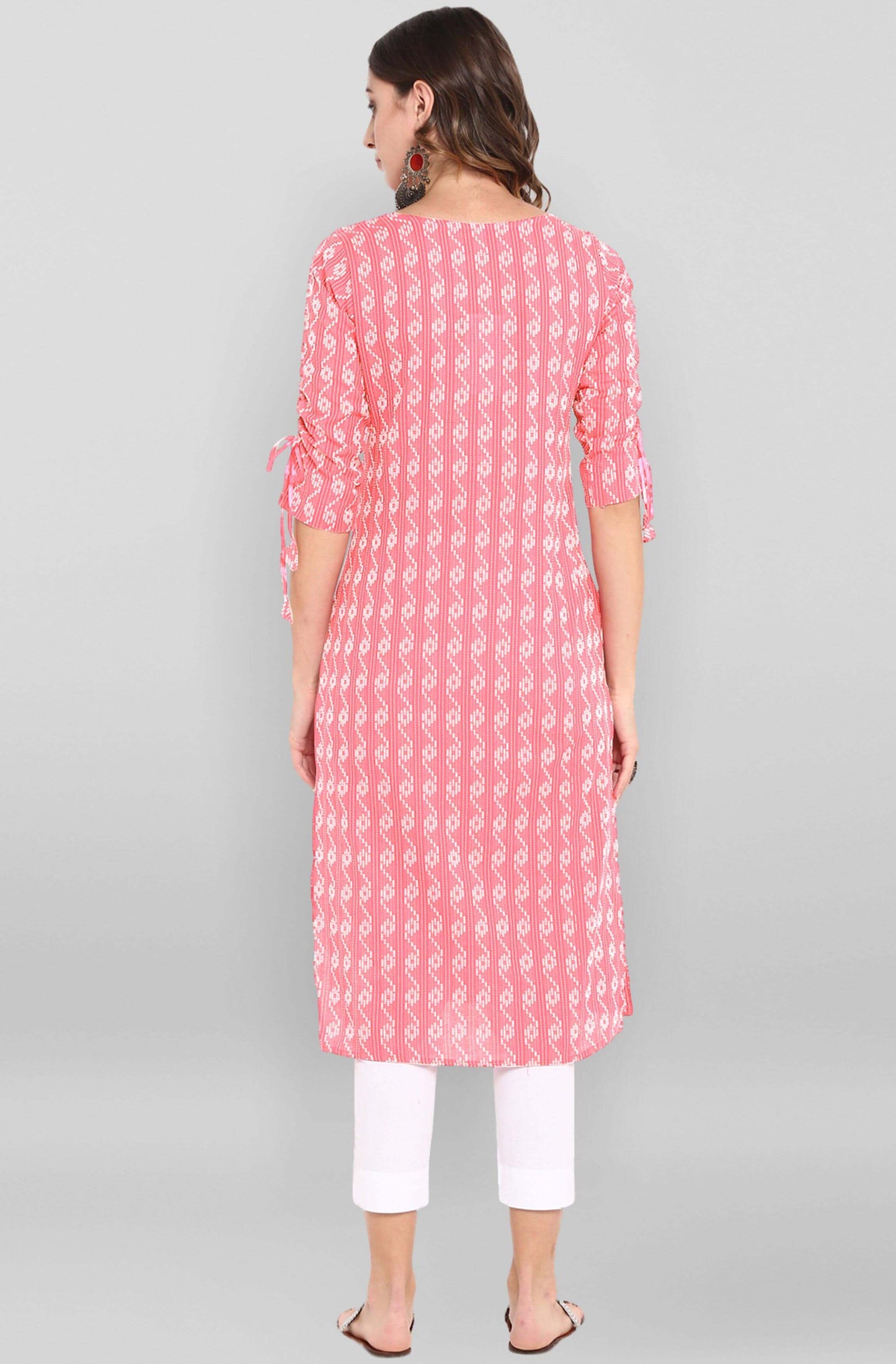 Light Pink Cotton Woven Design Straight Kurta