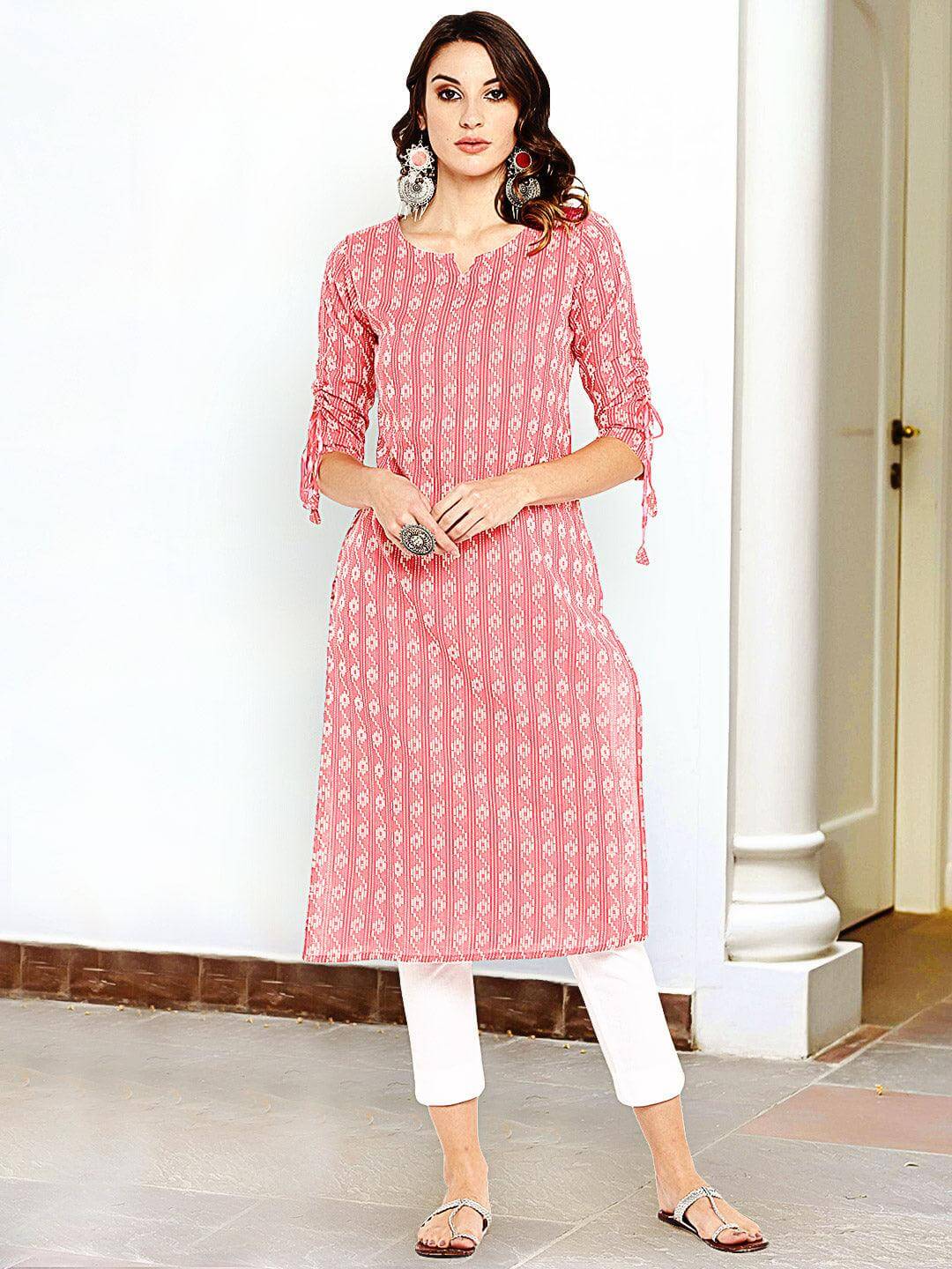 Light Pink Cotton Woven Design Straight Kurta