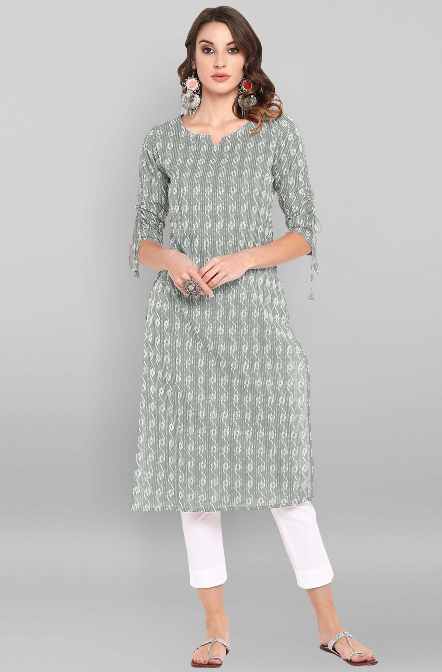 Grey Cotton Woven Design Straight Kurta