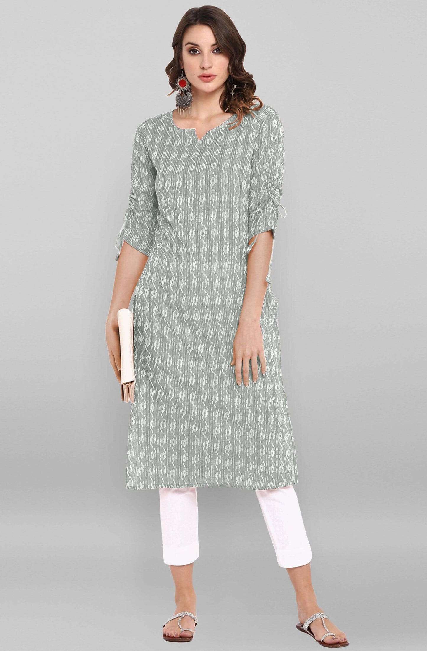 Grey Cotton Woven Design Straight Kurta