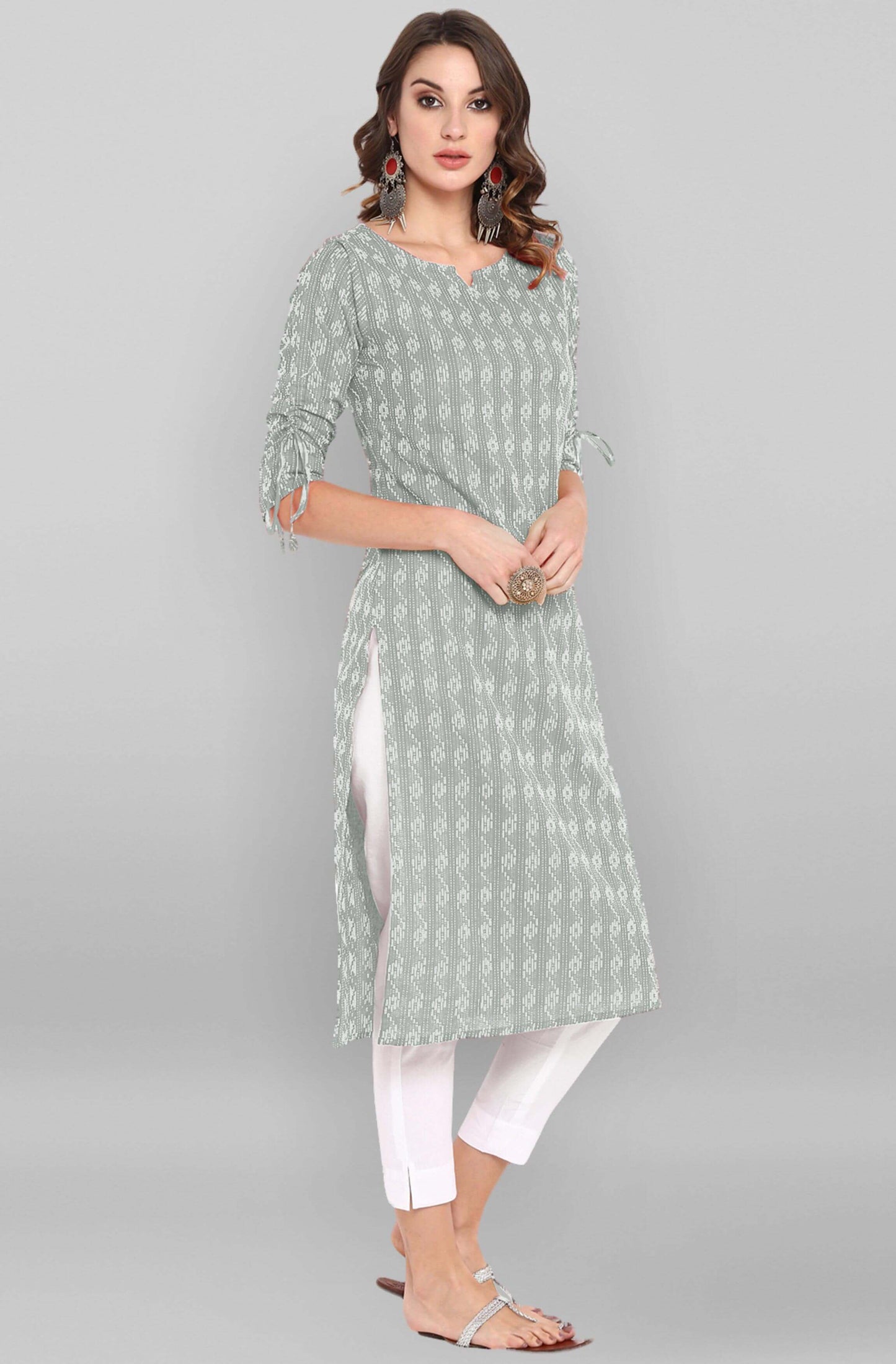 Grey Cotton Woven Design Straight Kurta