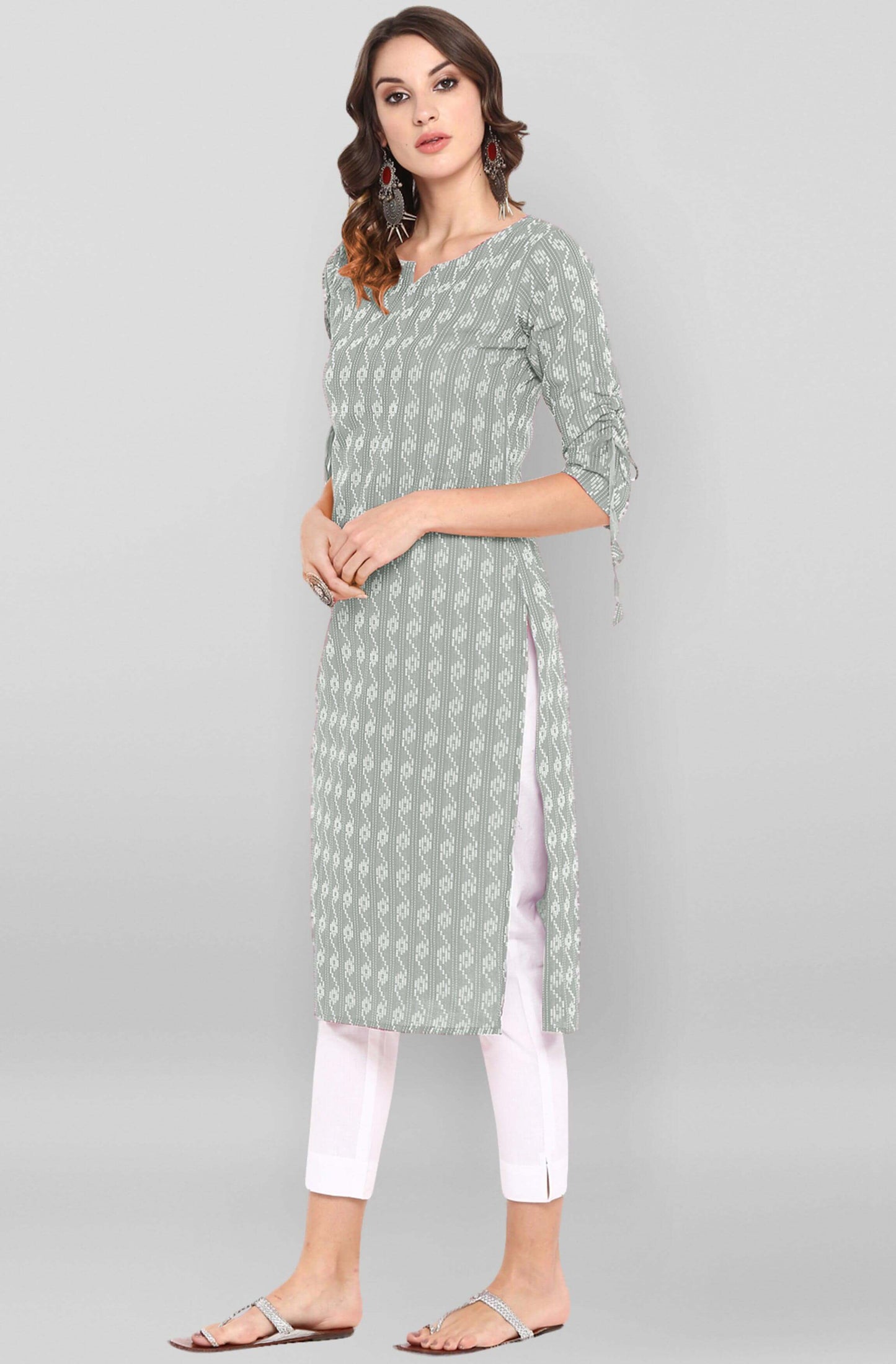 Grey Cotton Woven Design Straight Kurta
