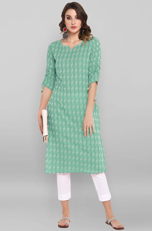 Green Cotton Woven Design Straight Kurta