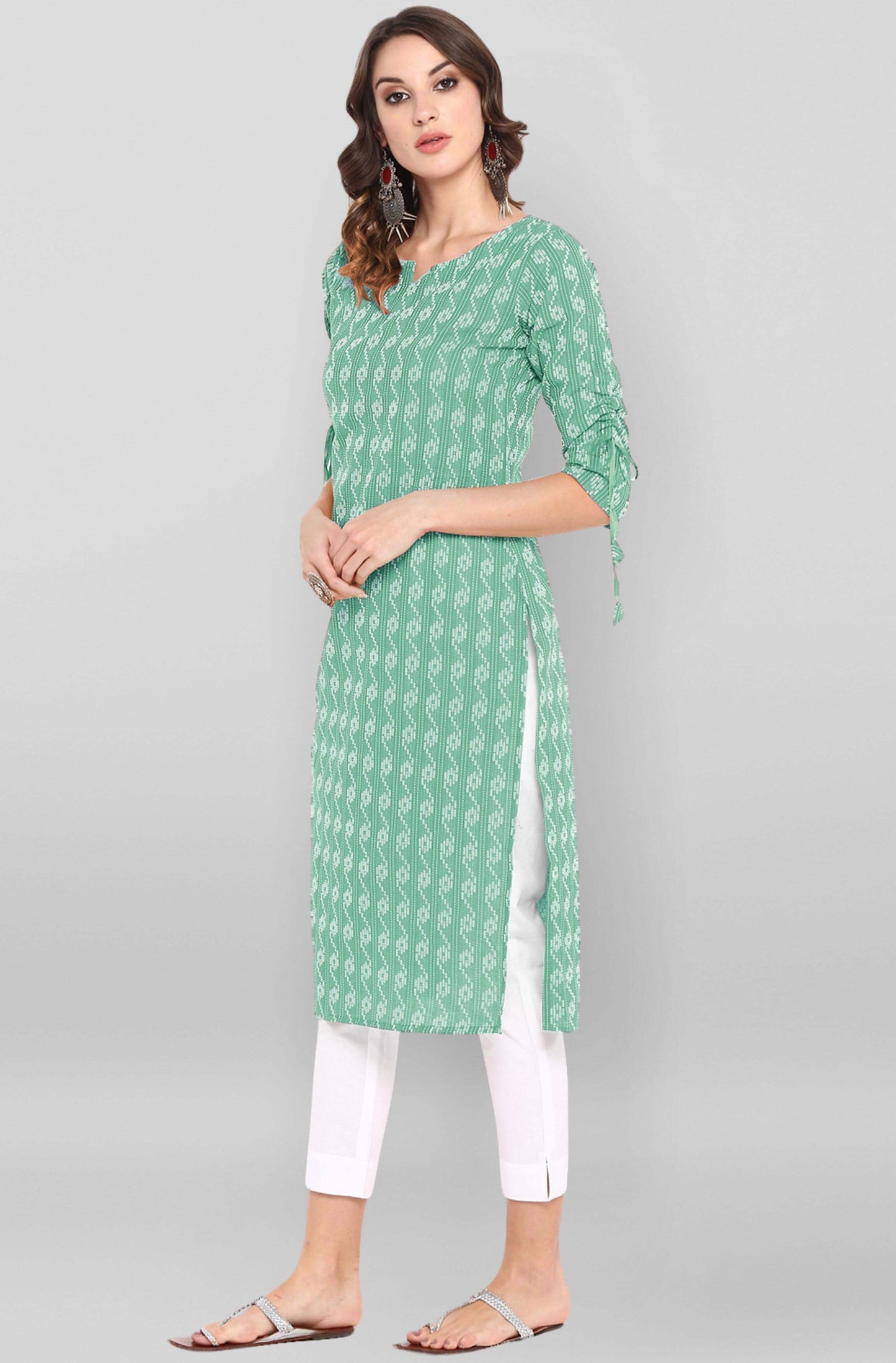 Green Cotton Woven Design Straight Kurta