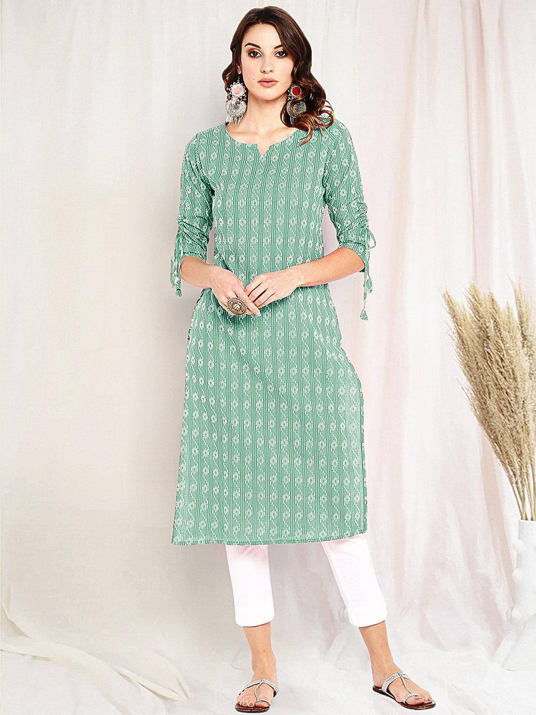 Green Cotton Woven Design Straight Kurta