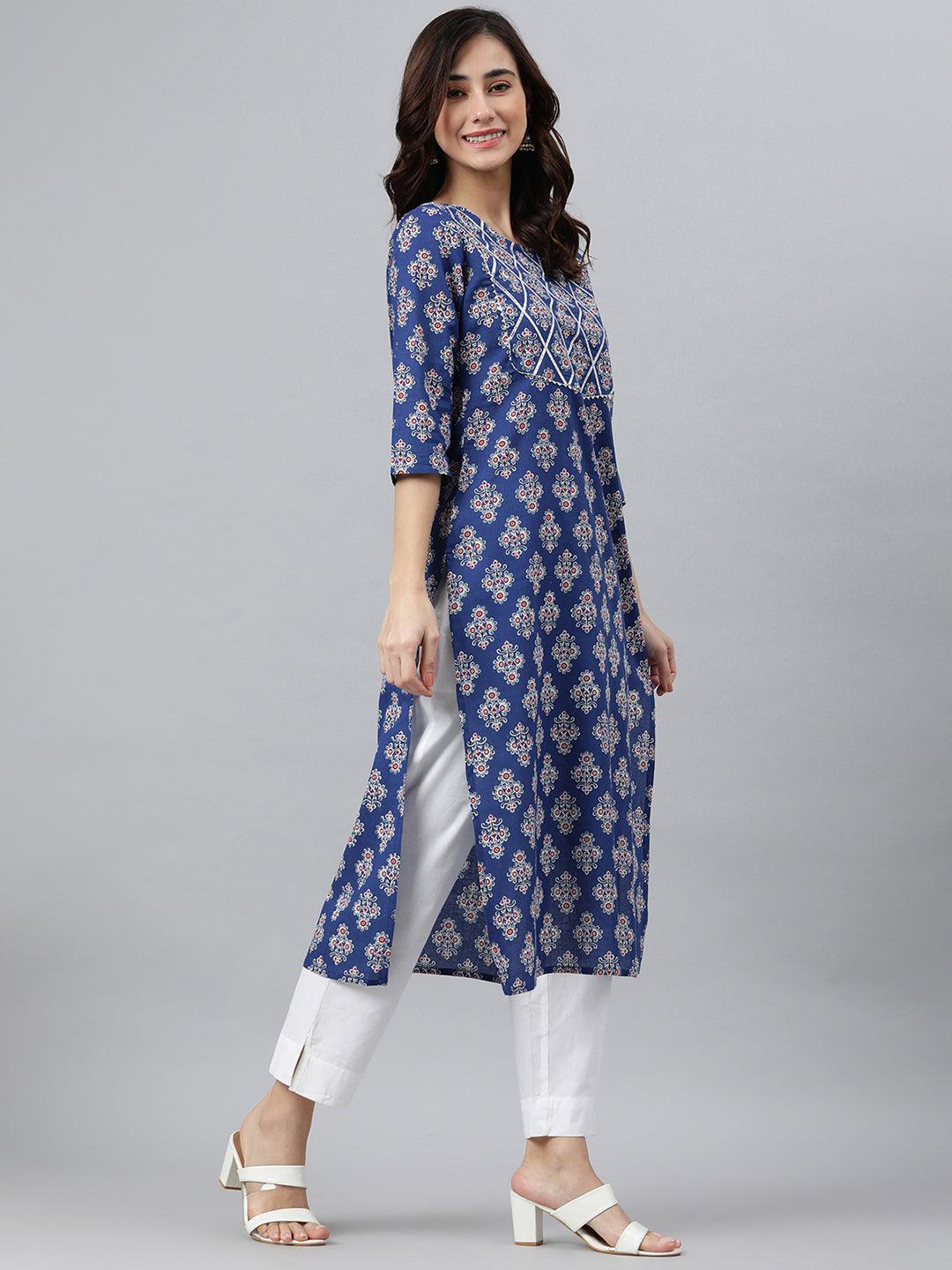 Blue Cotton Floral Print Straight Kurta
