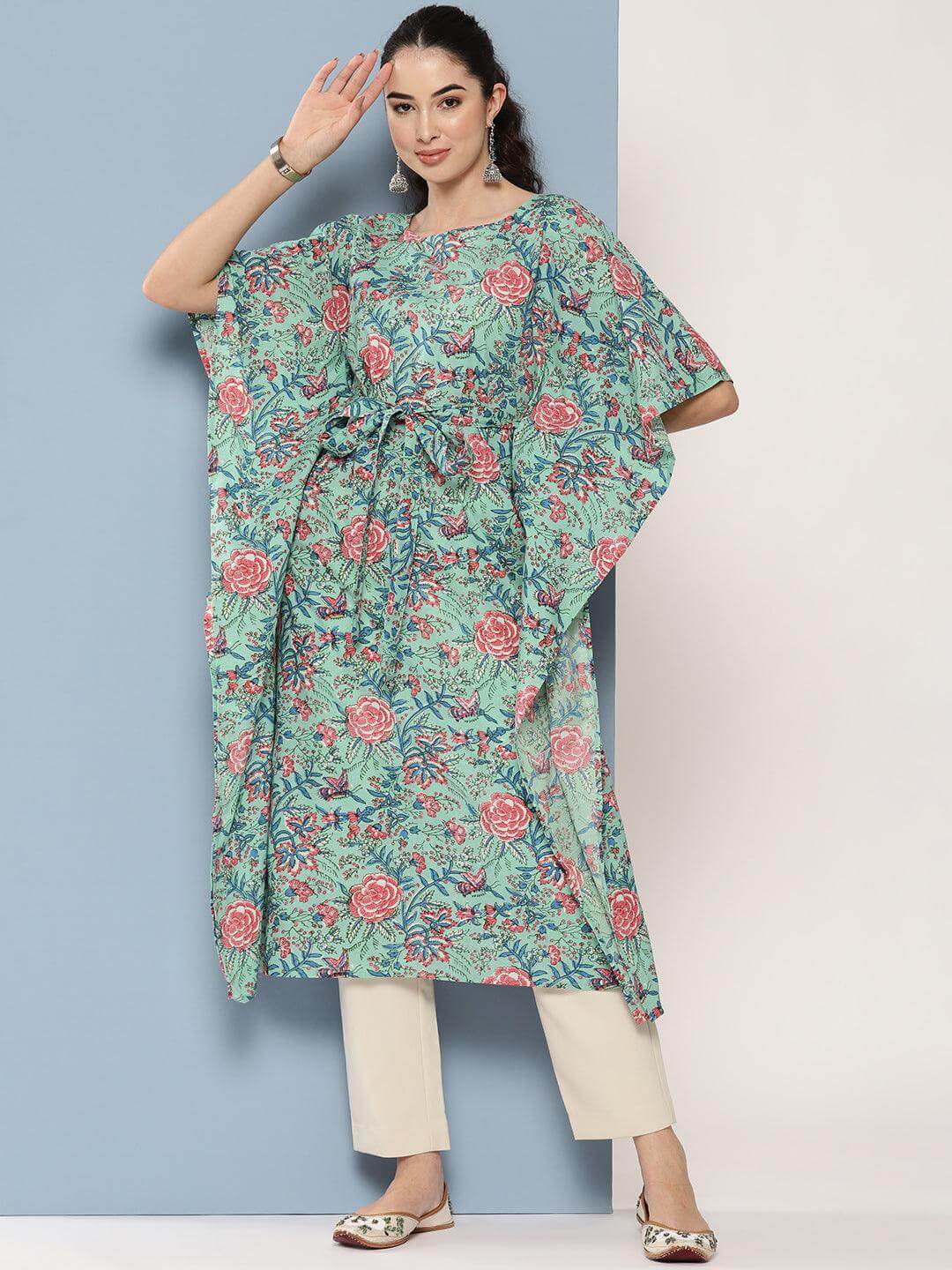 Sea Green Cotton Floral Printed Kaftan Kurta