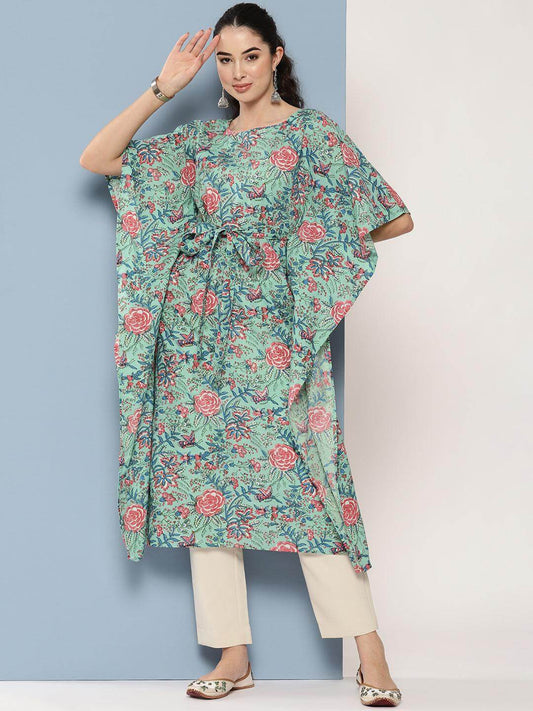 Sea Green Cotton Floral Printed Kaftan Kurta