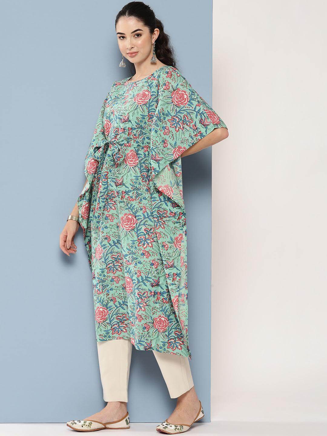 Sea Green Cotton Floral Printed Kaftan Kurta