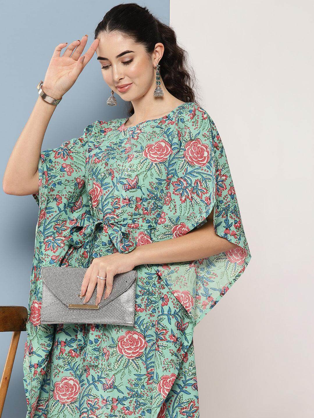 Sea Green Cotton Floral Printed Kaftan Kurta