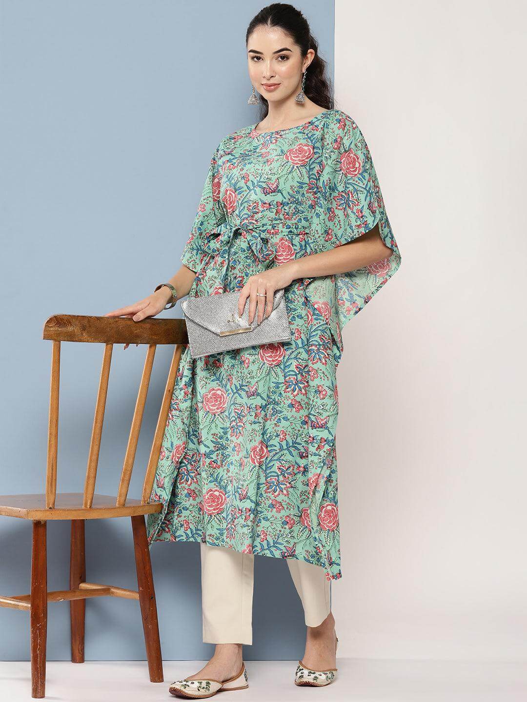 Sea Green Cotton Floral Printed Kaftan Kurta