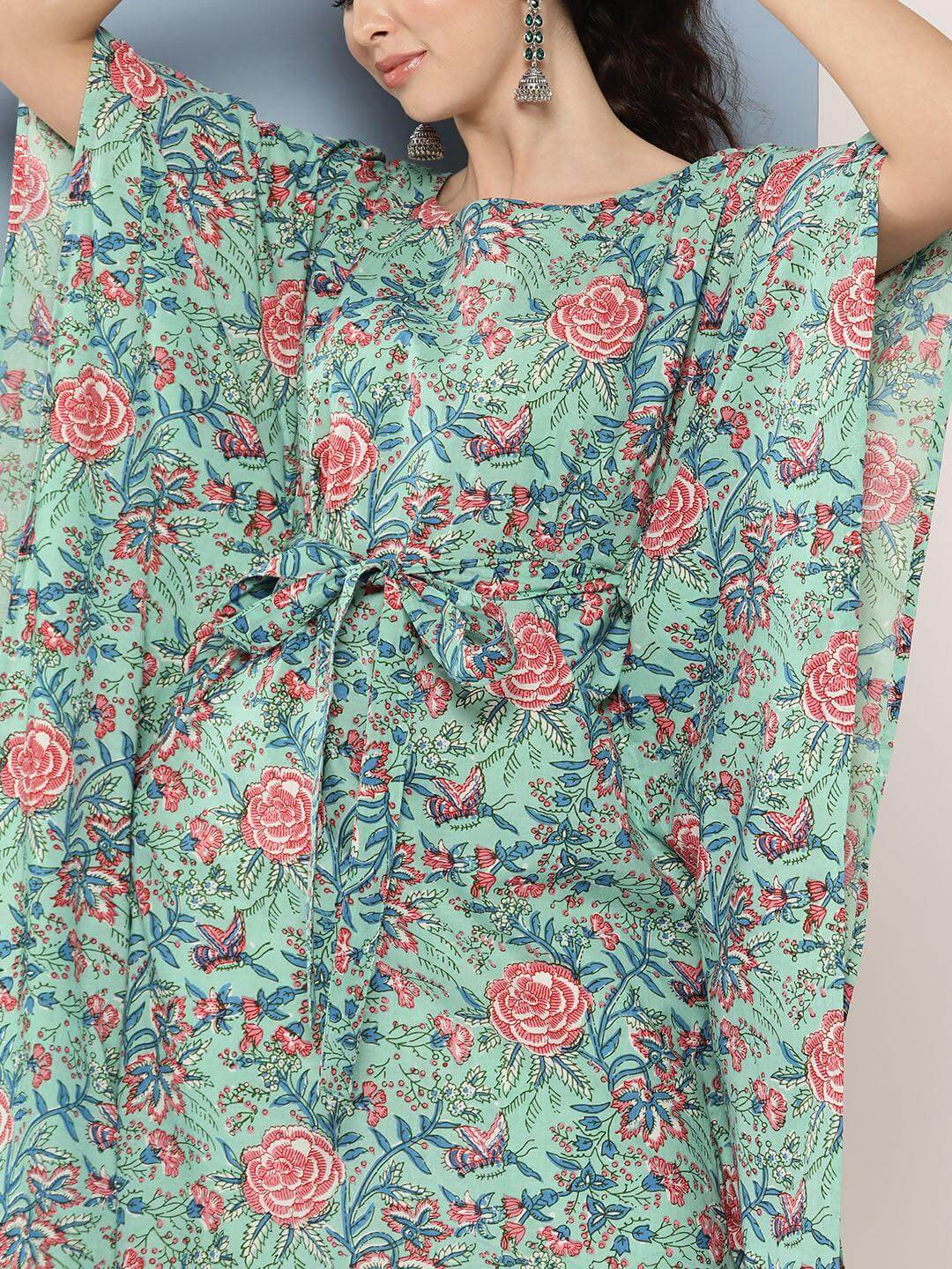 Sea Green Cotton Floral Printed Kaftan Kurta