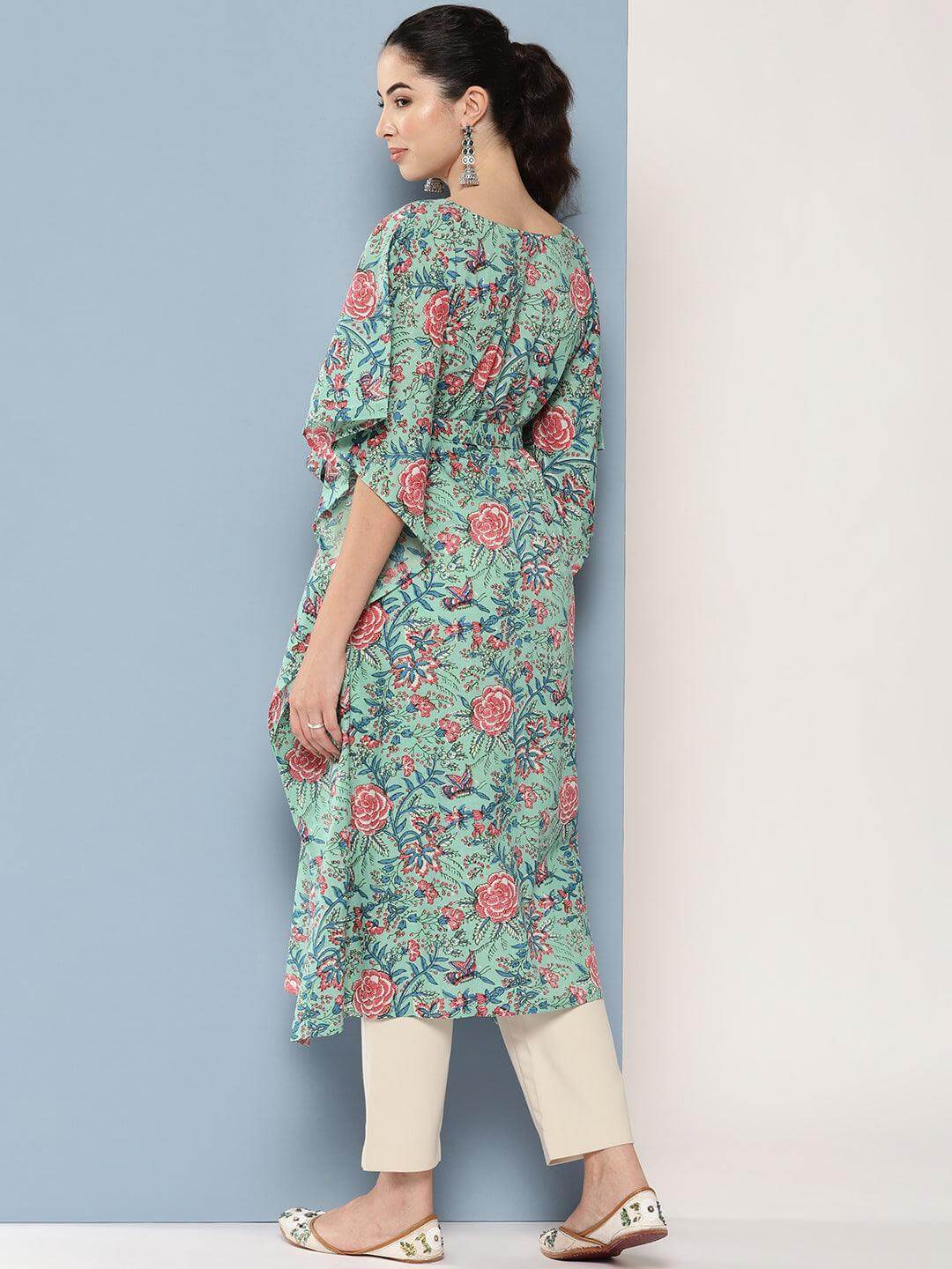 Sea Green Cotton Floral Printed Kaftan Kurta