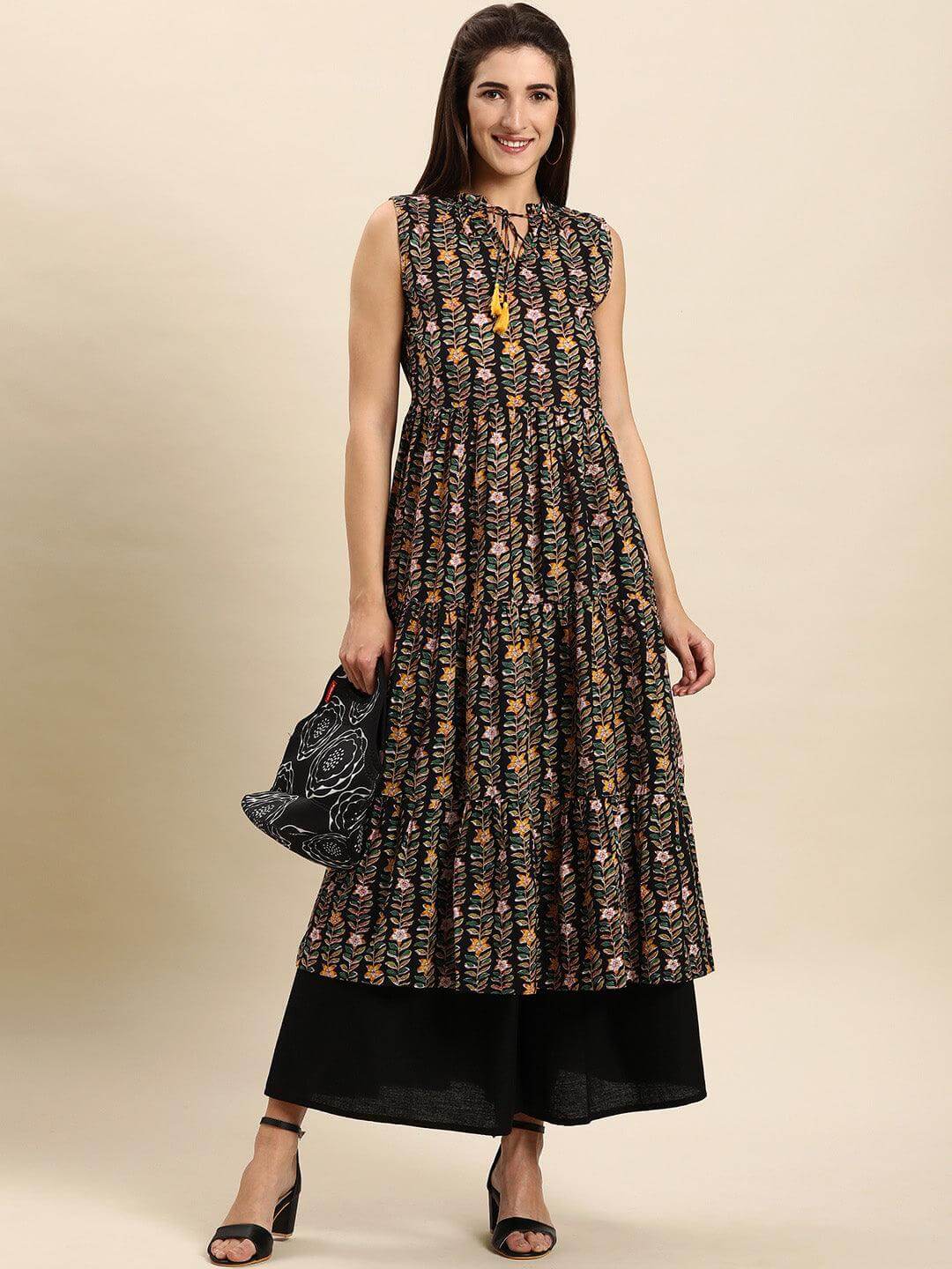 Black Cotton Floral Print Flared Kurta